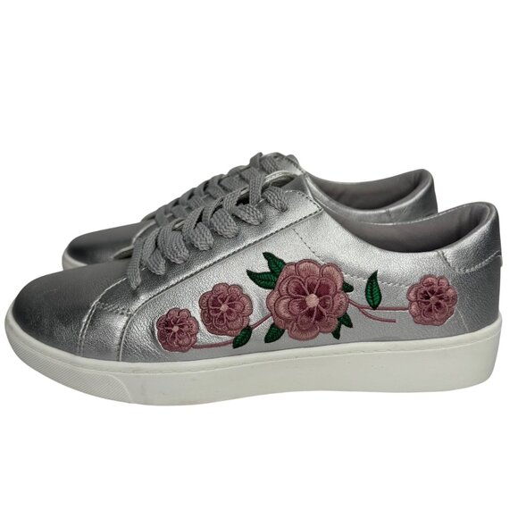 Comfort View Silver Lace-Up Sneaker Pink Floral Embroidery Size 9M - Picture 6 of 8